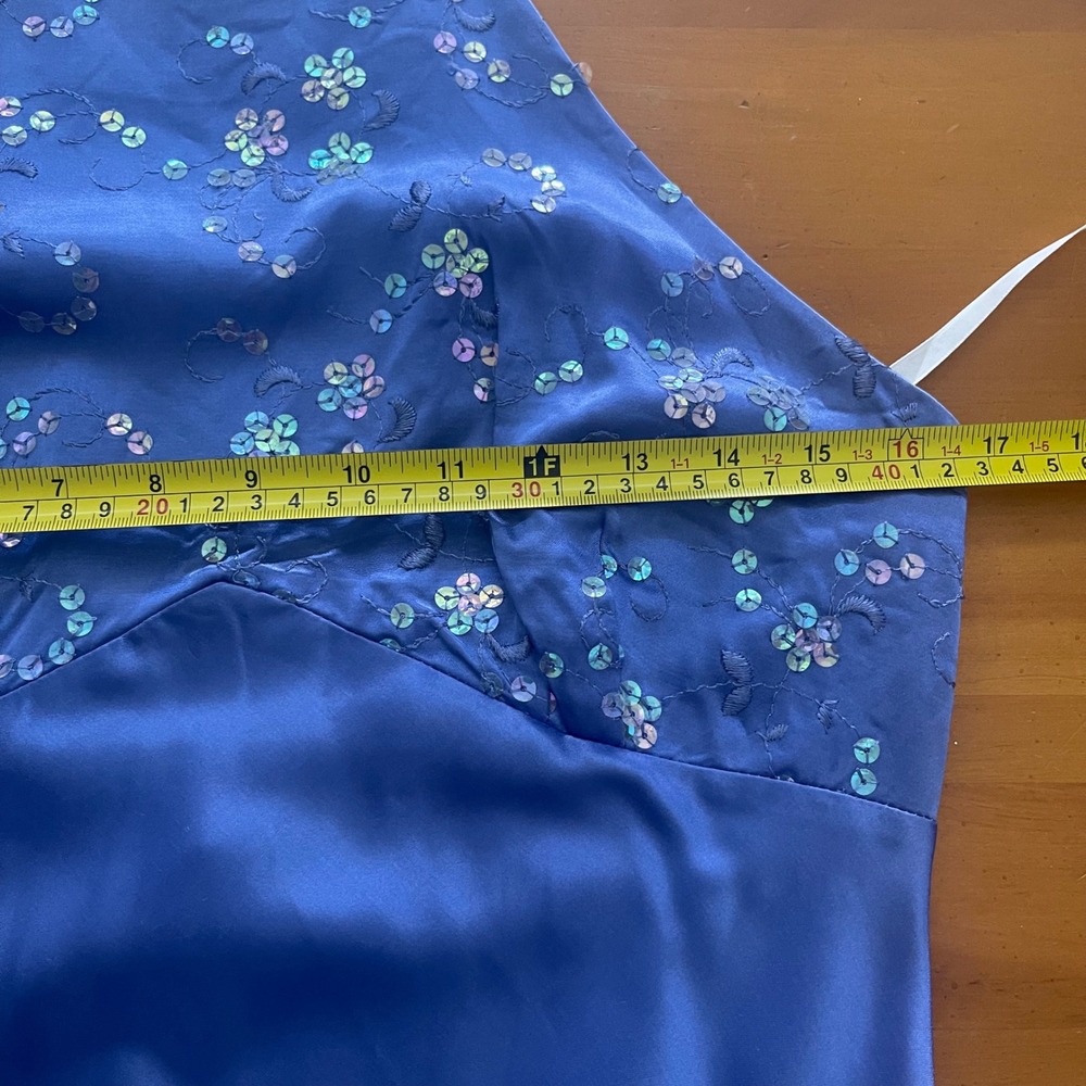 Zum Zum Satin Maxi Dress Blue Sequin Halter Open Back Vintage Y2K Formal 13-14 - Picture 7 of 16